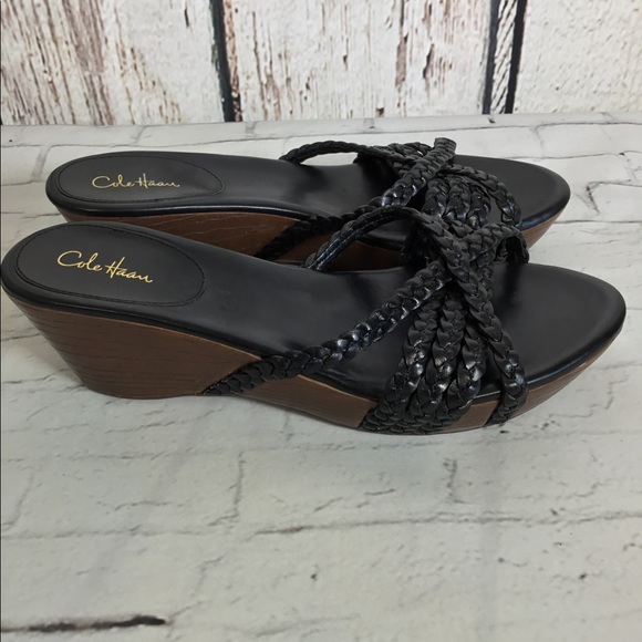 Cole Haan Braided Black Leather Wedge Sandals EUC 8.5 NARROW - Picture 3 of 11